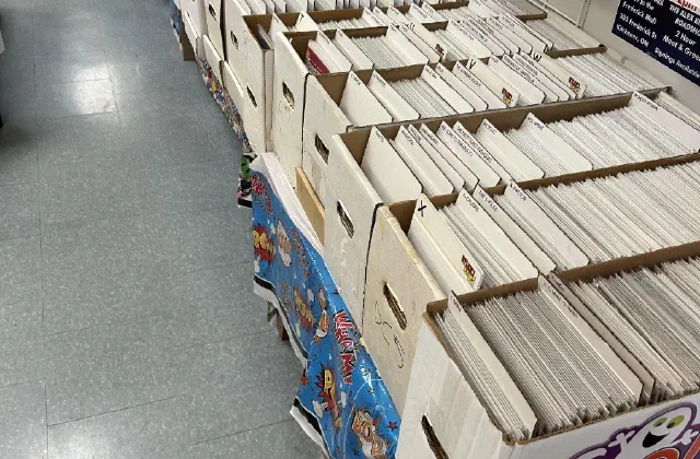 Rows of long boxes of back issues on the shop floor
